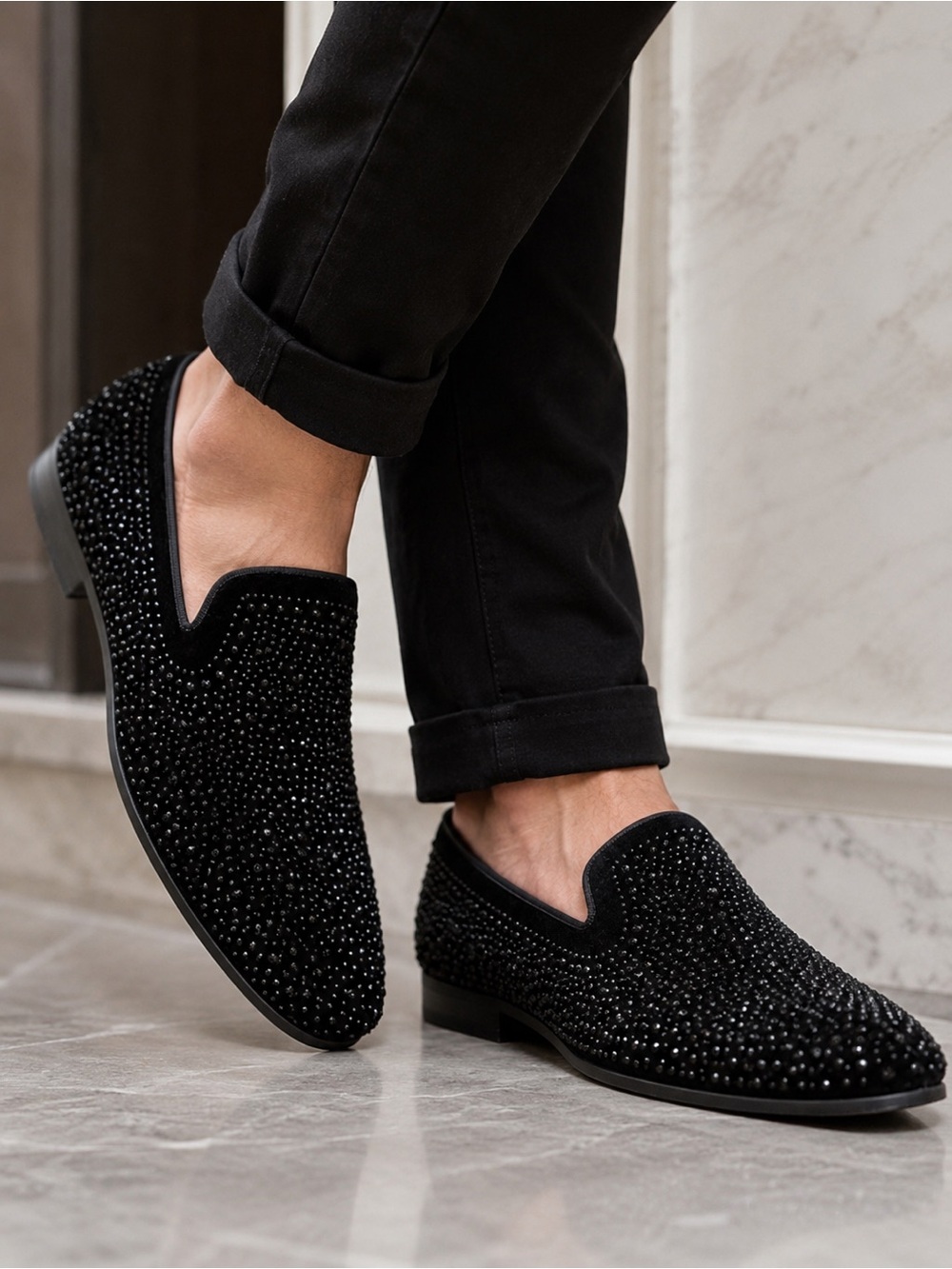 Moretti Black Label Xavier Rhinestone Loafers Black Men’s 11.5